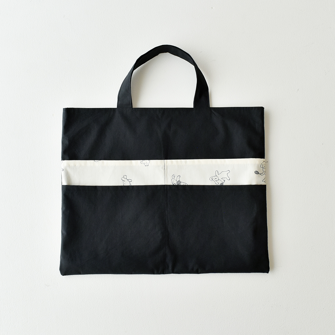 テニスを始めたモコモコの犬 トートバッグのキット　ブラック×きなりのセット