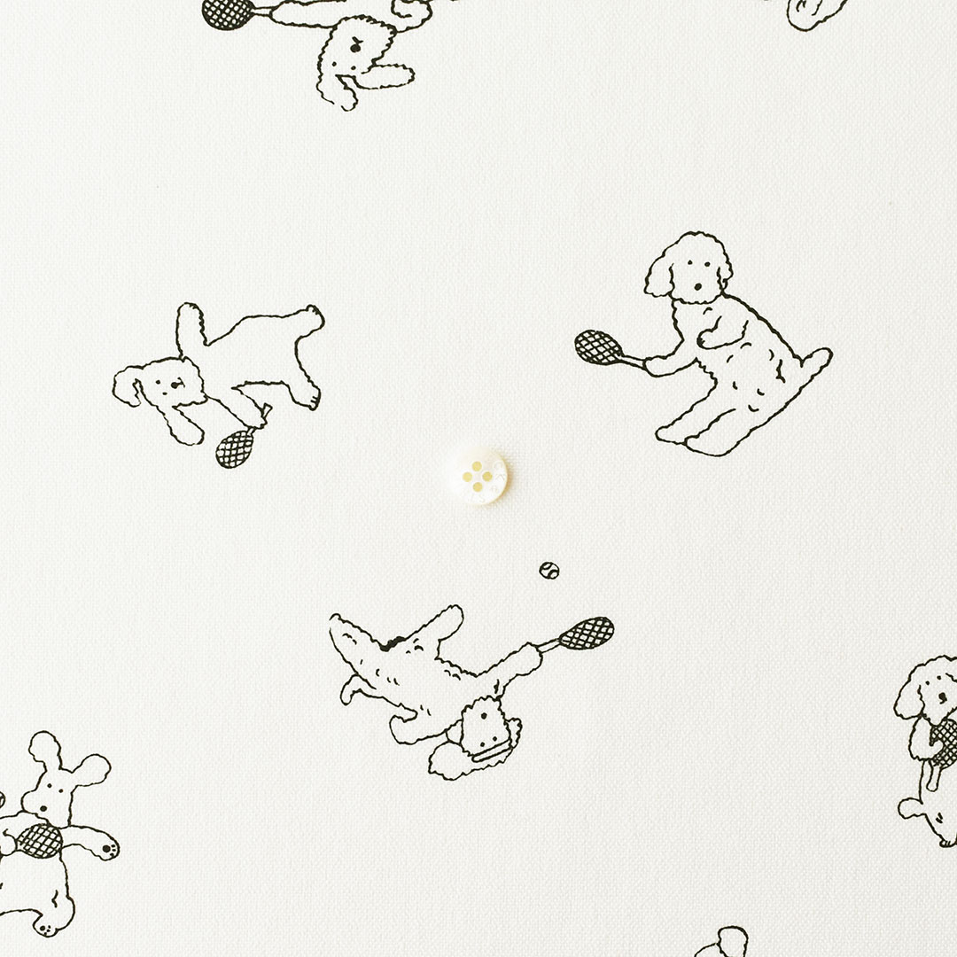 コットンキャンバス「テニスを始めたモコモコの犬」(レシピ付き)　ホワイト