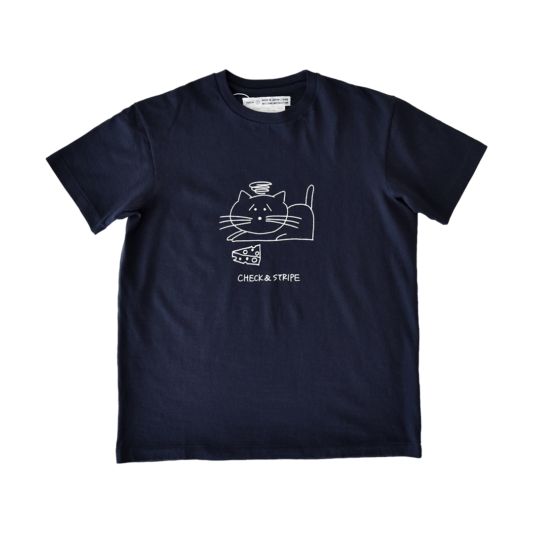 YAECA × CHECK&STRIPE イラストTシャツ キャット　ネイビー×ホワイトプリント  Sサイズ