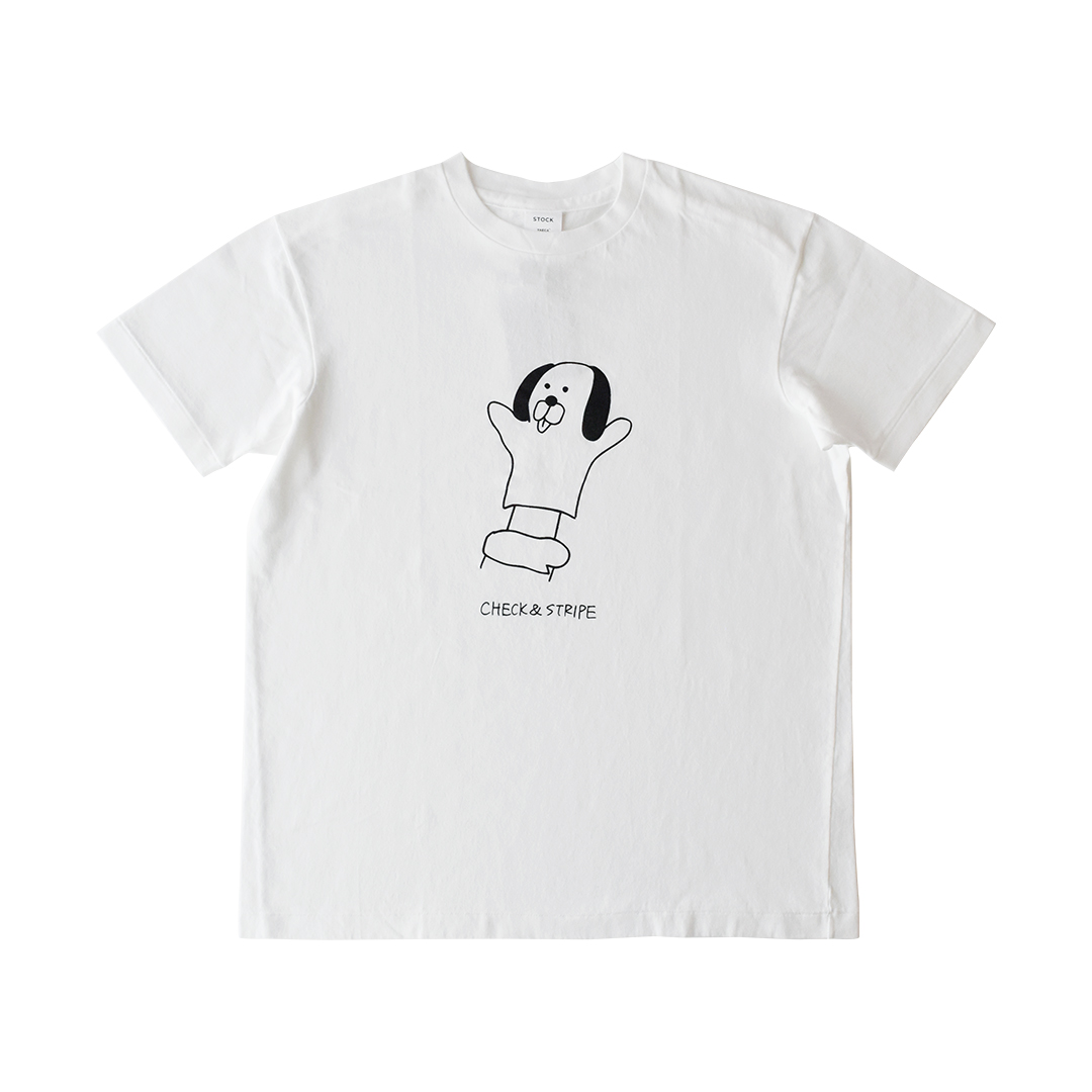YAECA × CHECK&STRIPE イラストTシャツ パペット(ドッグ)　白×ブラック  Mサイズ