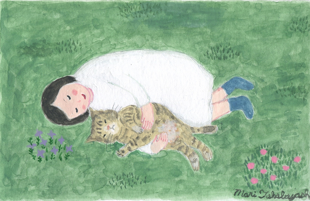高林麻里×CHECK&STRIPE 2023チャリティ水彩画　猫と芝生に寝転ぶ女の子