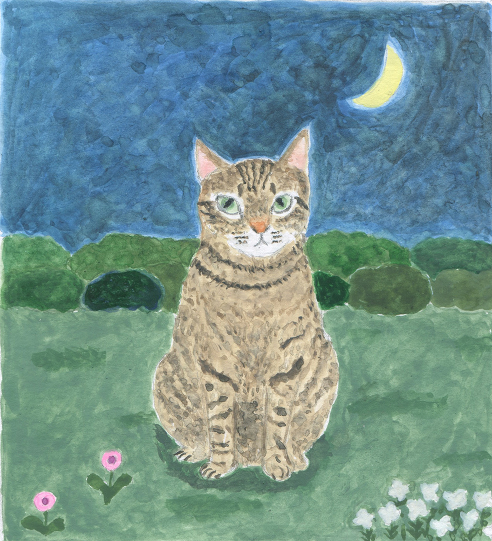 高林麻里×CHECK&STRIPE 2023チャリティ水彩画　月夜の猫