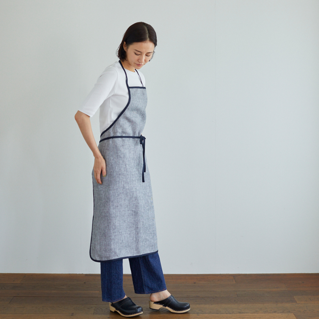 CHECK＆STRIPE / fog linen work リネンパイピングエプロン 白黒千鳥格子