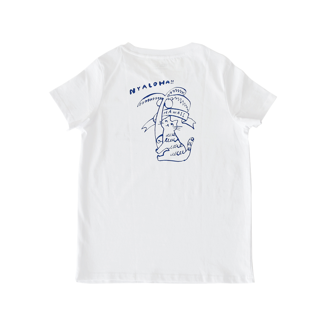 the Fanon × トラネコボンボン × CHECK&STRIPEのTシャツ「ヤシの木」　WHITEにネイビー S